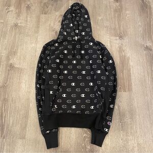 Champion Reverse Weave All Over Print Black Hoodie Sweatshirt Size Medium